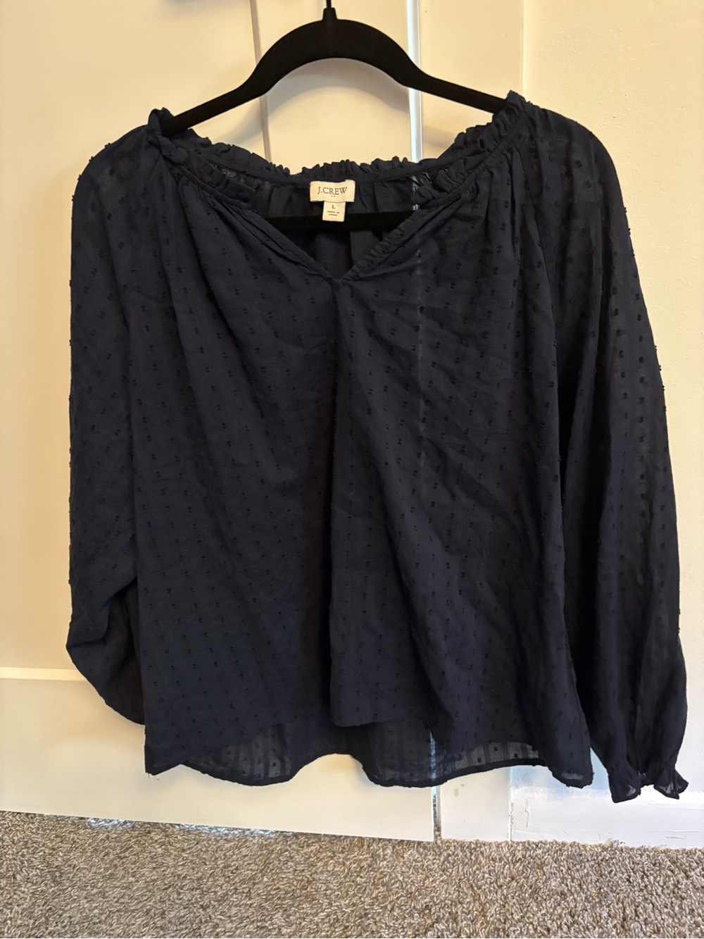 J.Crew Swiss Dot Cotton Navy Peasant Blouse Ruffle Neck L Office Breathable
